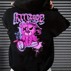 Blusa com Capuz Solta com Estampa de Urso e Letra, Ombros Caídos, para Homens